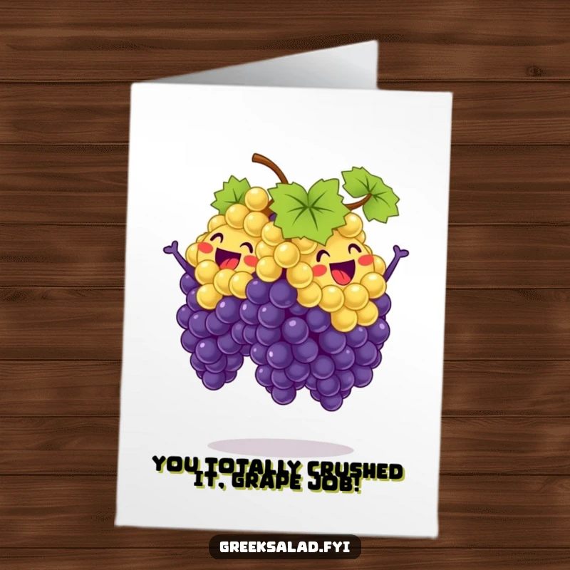 Funny Free Printable Congratulations Card: A delighted bunch of grapes joyfully doing a synchronized jump to celebrate.