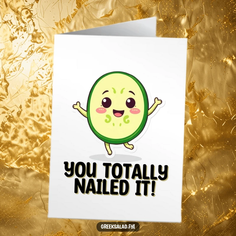 Funny Free Printable Congratulations Card: A cheerful cucumber slice with a face doing a happy jump, celebrating success with humor.