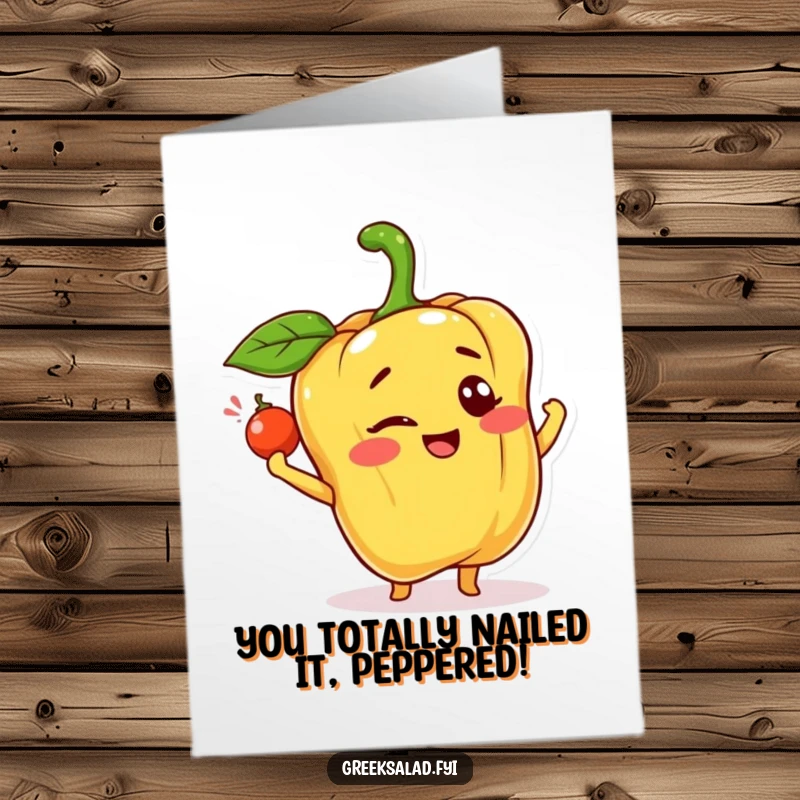 Funny Free Printable Congratulations Card: Bell pepper character winking and tossing a caper, a stylish and humorous download.