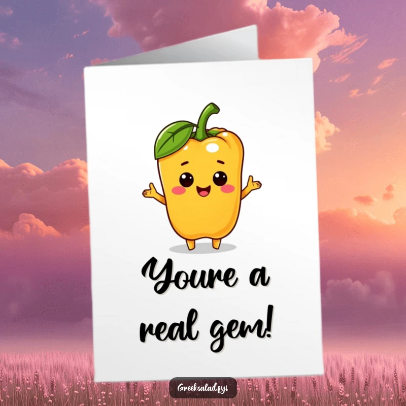 Funny Free Printable Congratulations Card: A smiling bell pepper character offering a small olive as a gift.