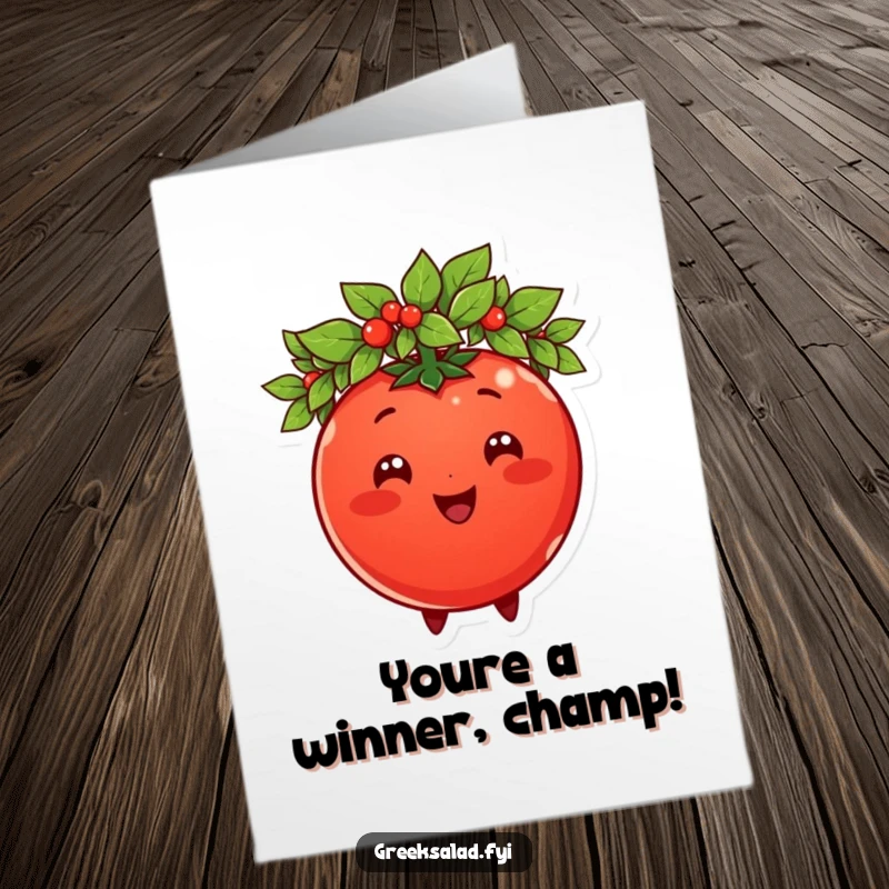 Funny Free Printable Congratulations Card: A jubilant tomato wearing a laurel wreath, signifying a grand success.