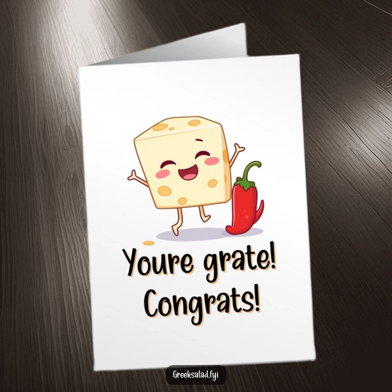 Funny Free Printable Congratulations Card with feta cheese and pepper playing leapfrog, celebrating big wins.