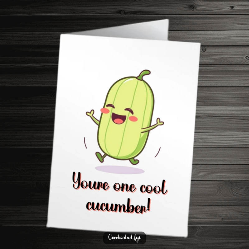 Funny Free Printable Congratulations Card: A cheerful cucumber character doing a joyful roll, celebrating any success.