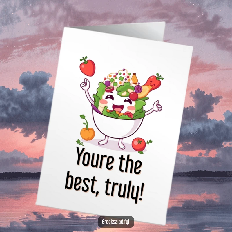 Funny Free Printable Congratulations Card: A smiling salad bowl character balancing tomatoes, olives, and feta.