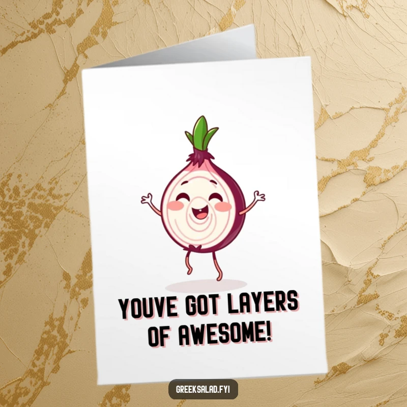 Funny Free Printable Congratulations Card: Happy onion slice doing a jig, celebrating success with pure glee.