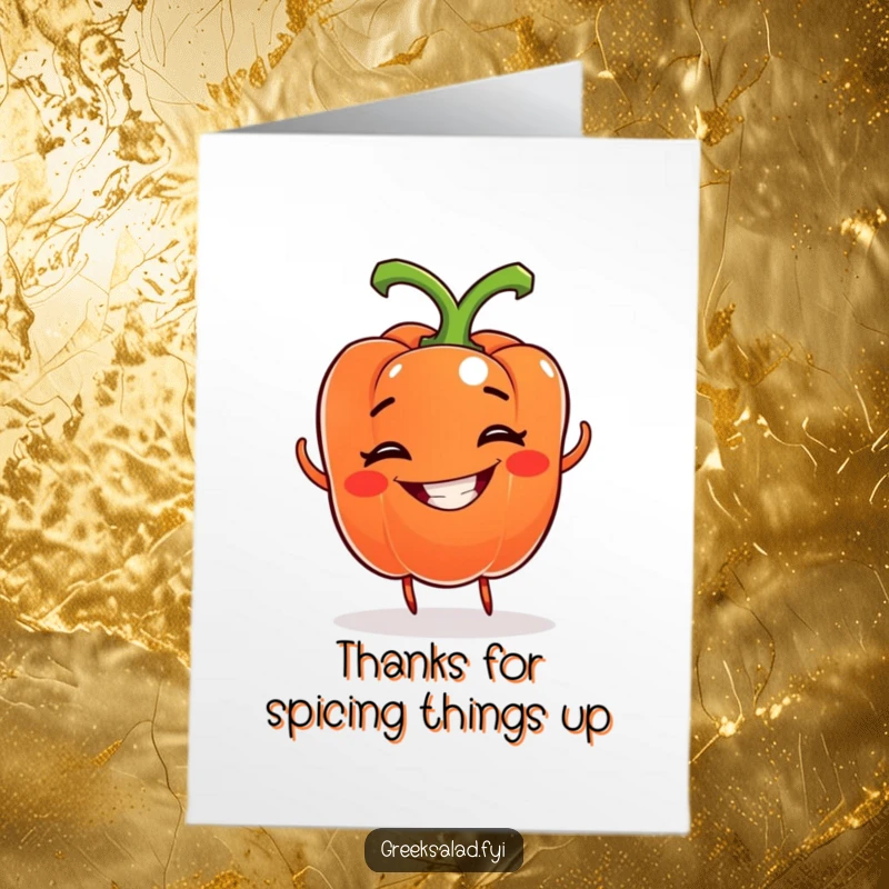 Funny Free Printable bell pepper thank you card, a grinning pepper with a whimsical grin doing a spin, a fun way to say thanks.