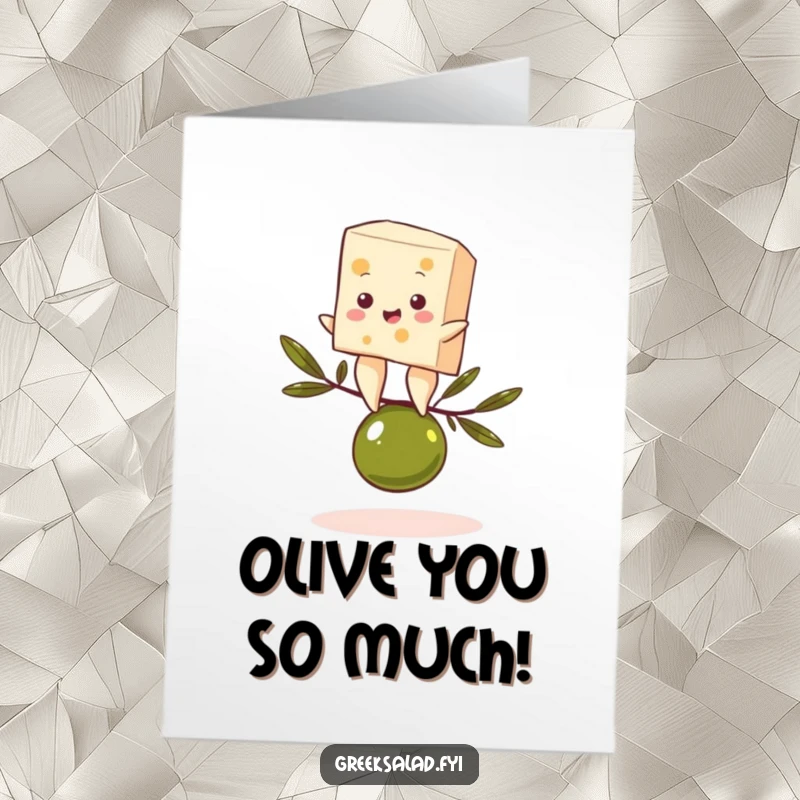 Funny Free Printable Thank You Card: Feta Cheese Comically Balancing on an Olive, Grateful and Hilarious