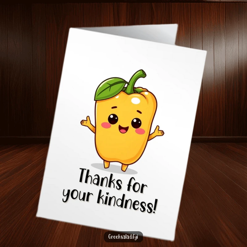 Funny Free Printable Thank You Card: A happy bell pepper character presenting a small olive to someone.
