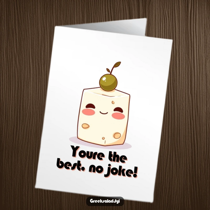 Funny Free Printable Thank You Card: Blushing feta cheese cube balancing an olive, conveying sweet gratitude.