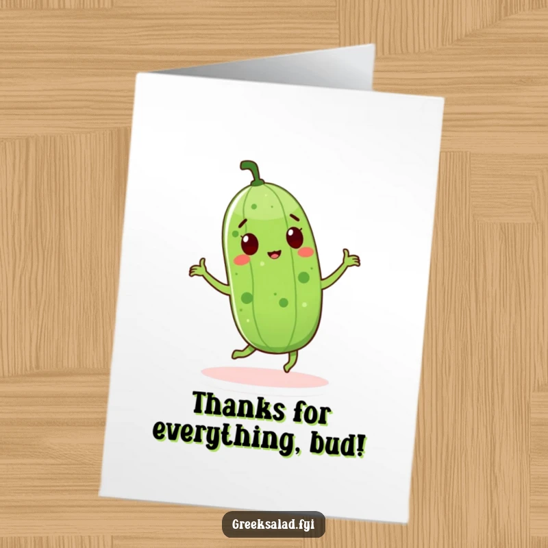 Funny Free Printable Thank You Card: A happy cucumber character performing a fun dance move.