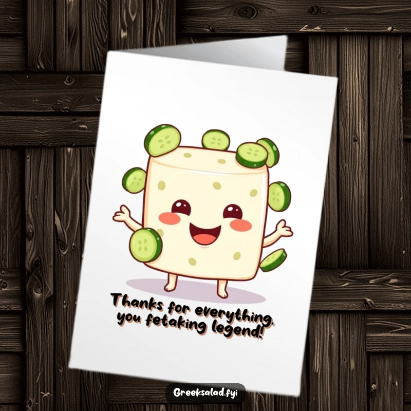 Funny free printable thank you card: A smiling feta cheese cube juggling cucumber slices, conveying sincere gratitude with humor.