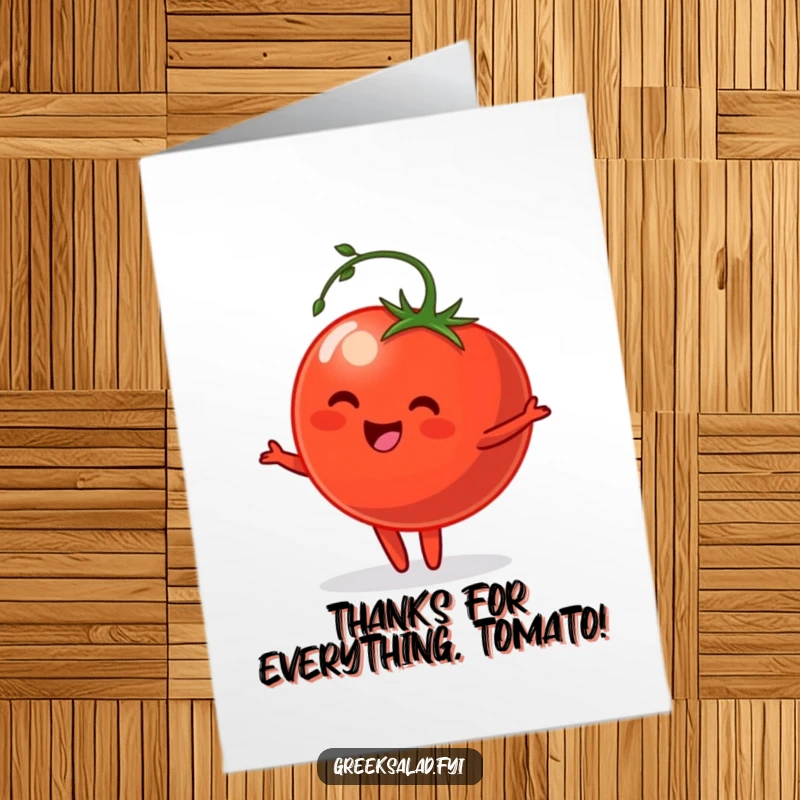 Funny Free Printable Thank You Card: A happy tomato with a stem doing a gentle pirouette, expressing thanks with charming humor.