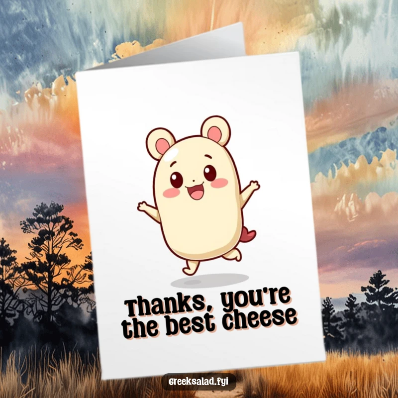 Funny Free Printable Thank You Card: Feta cheese character doing a joyful hop, a whimsical and humorous design.