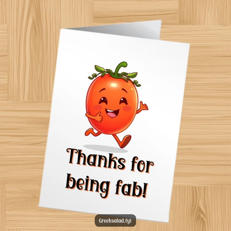 Funny Free Printable Thank You Card of a cheerful tomato wearing a laurel wreath, happily jogging to convey appreciation.