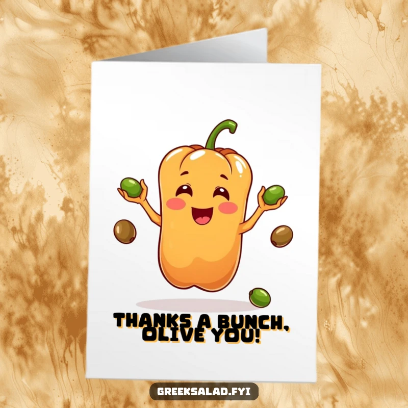 Funny Free Printable Thank You Card: A happy bell pepper character juggling olives, a delightful print-at-home token of thanks.