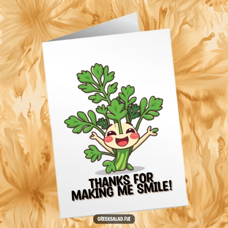 Funny Free Printable Thank You Card: A happy parsley sprig does a somersault, expressing joyful thanks.