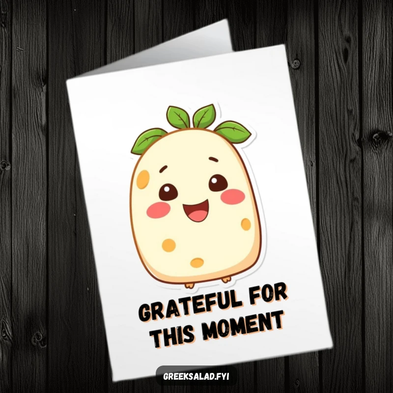 Funny Free Printable Thank You Card: A happy feta cheese character offering a broad, cheesy smile to express thanks.