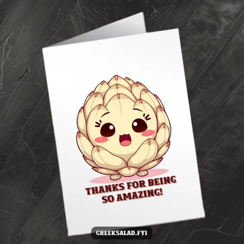 Funny Free Printable thank you card: An artichoke heart peeking out with a look of comical surprise. A witty way to say thank you.