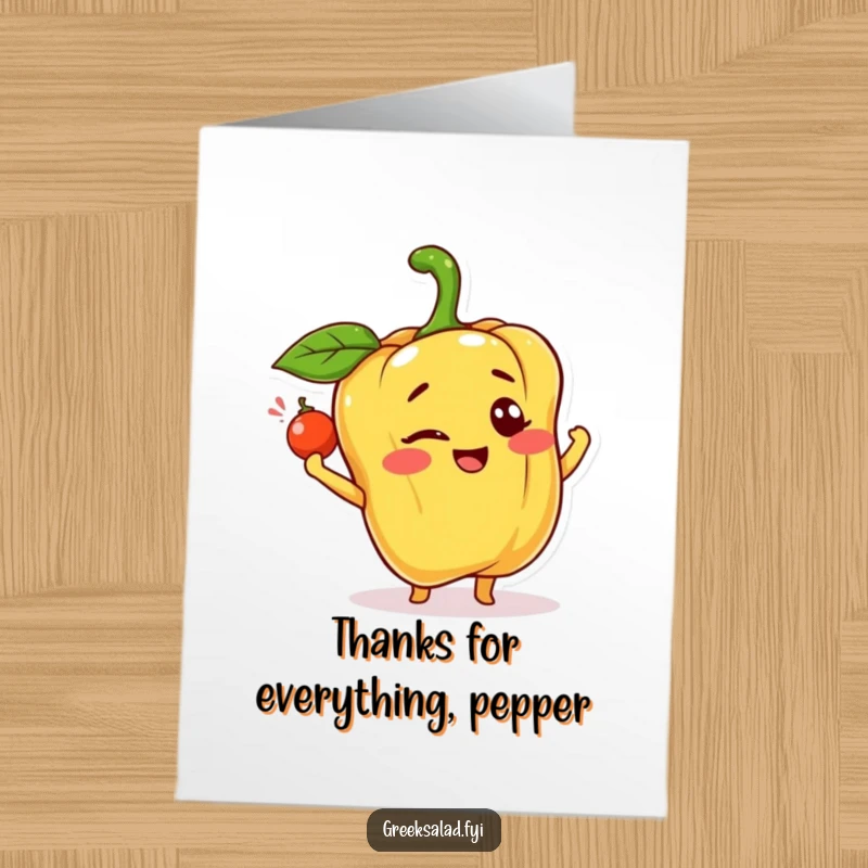 Funny Free Printable Thank You Card: Bell pepper with a happy wink, tossing a caper, a charming and humorous design.