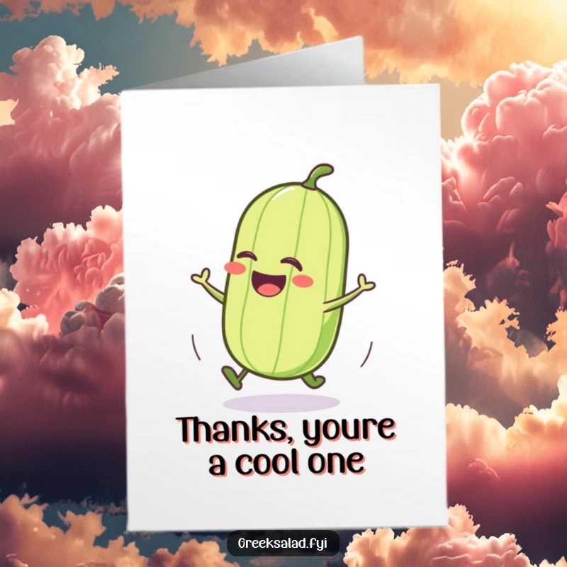 Funny Free Printable Thank You Card: A happy cucumber character in mid-roll, perfect for expressing thanks with humor.