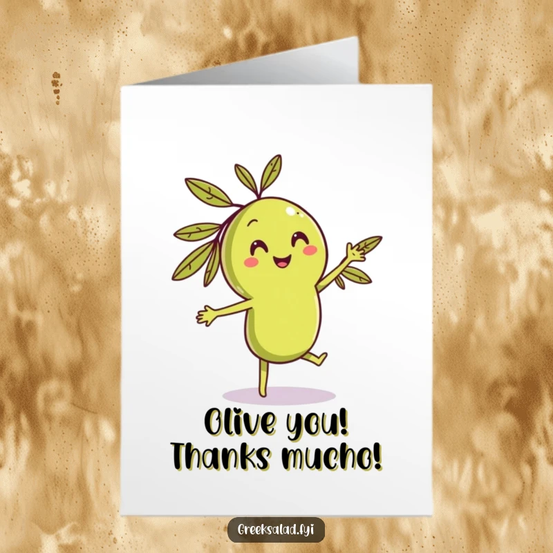 Funny Free Printable Thank You Card: A smiling olive character dancing playfully, adding a touch of humor to thanks.