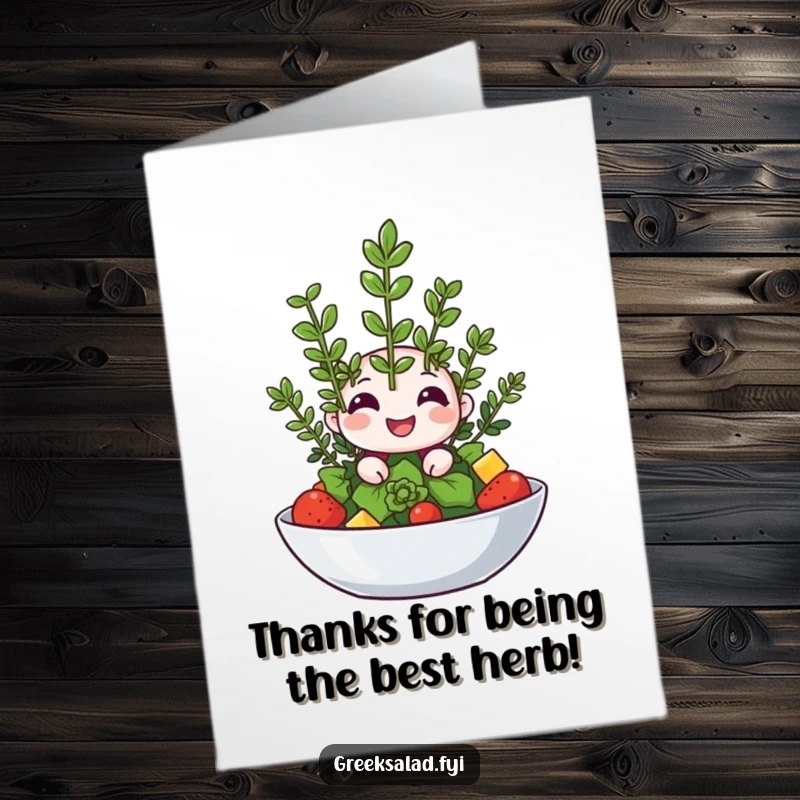 Free Printable Thank You Card: A happy oregano sprig winks from atop a salad, a fresh and funny way to say thanks.