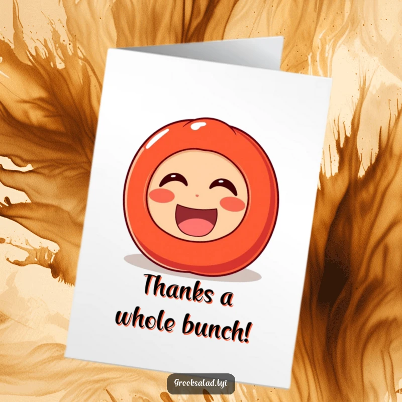 Funny Free Printable Thank You Card showing a cheerful tomato rolling with laughter, conveying enthusiastic and humorous gratitude.