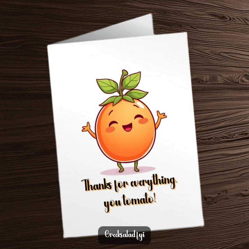 Funny Free Printable Tomato Thank You Card: Smiling tomato dancing with a leaf hat, a cheerful print at home thank you.