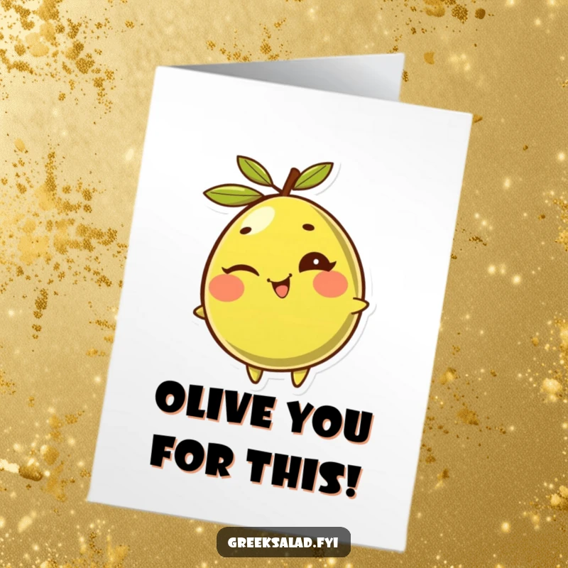 Funny Free Printable Olive Thank You Card: Giggling olive winks playfully while rolling, a humorous print at home greeting.