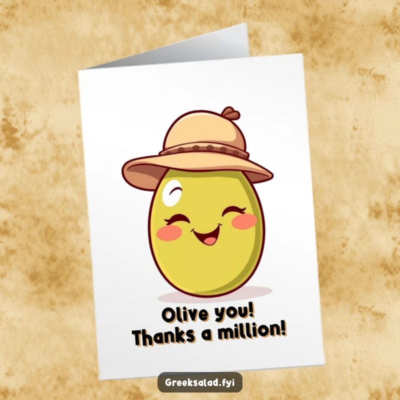 Funny free printable thank you card featuring a smiling olive with a jaunty hat, giving a playful wink.