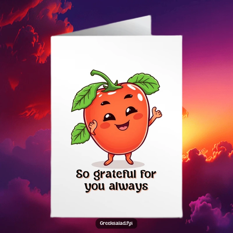 Funny Free Printable Thank You Card: Tomato Doing a Goofy Wobbly Dance, Playful and Grateful