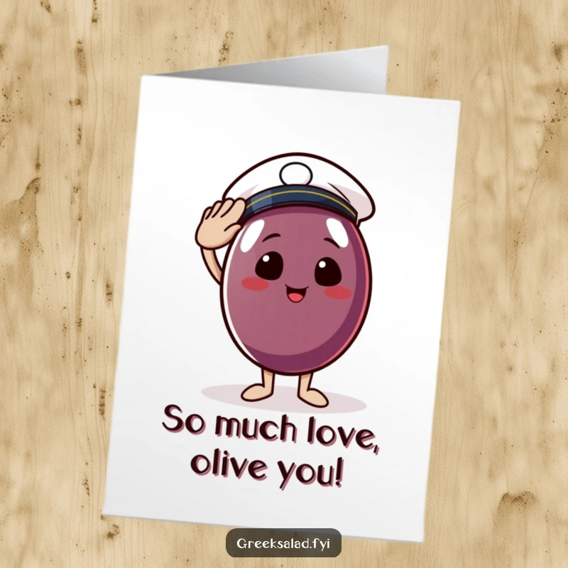 Funny Free Printable Thank You Card: Cheerful Kalamata olive in a sailor hat saluting a thank you.