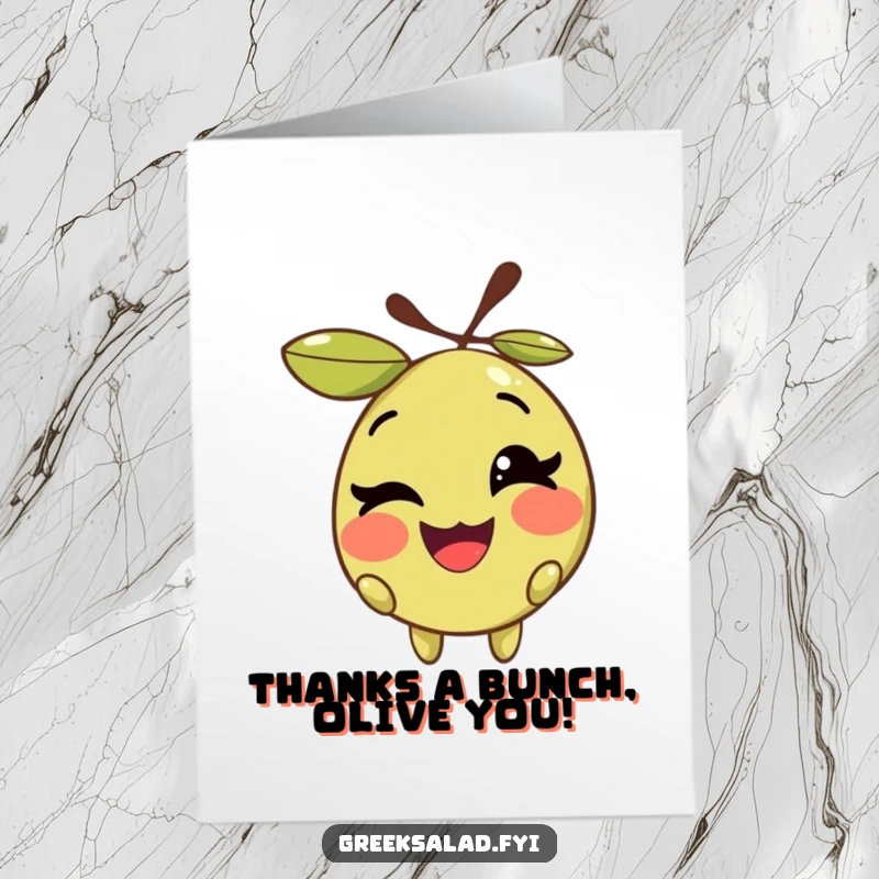 Funny Free Printable Thank You Card: A happy olive with its pit winks playfully, sending warm thanks.