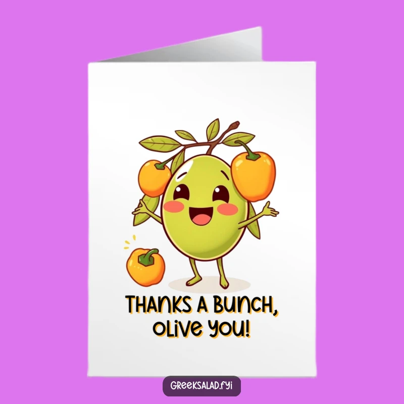 Free Printable Thank You Card: Olive Juggling Peppers, Humorous Downloadable Gift