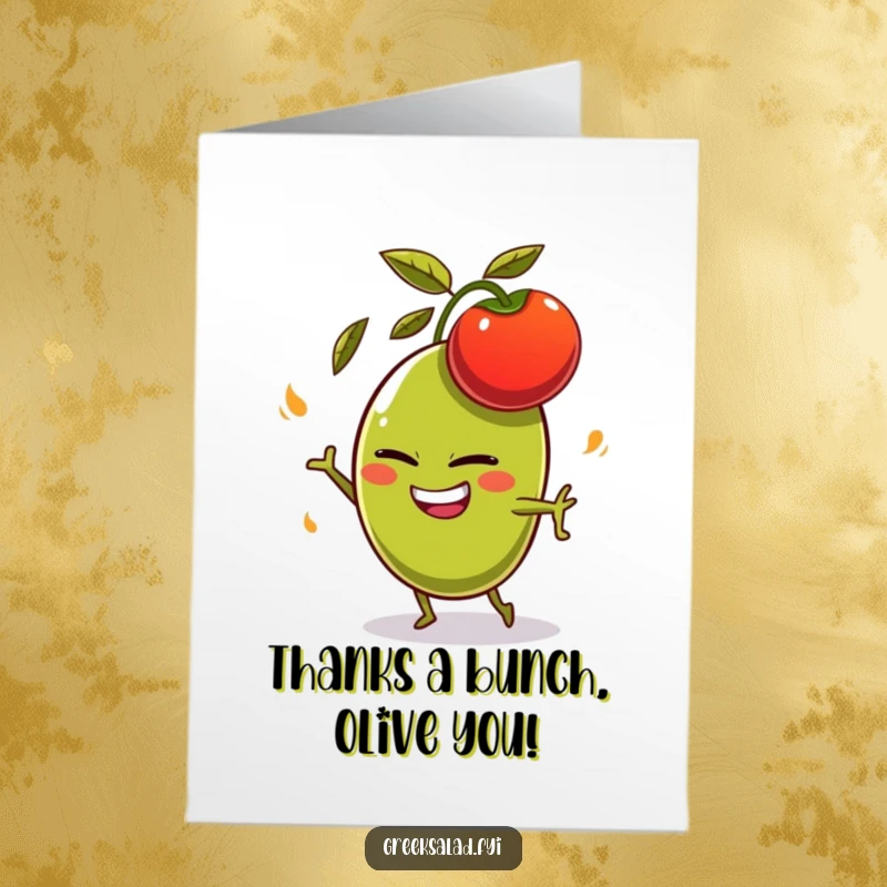 Funny Free Printable Thank You Card: Olive character narrowly avoiding a flying tomato, expressing thanks with humor.