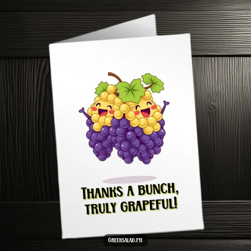 Funny Free Printable Thank You Card: A bunch of delighted grapes doing a synchronized jump to show appreciation.