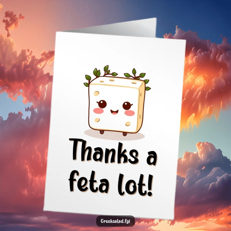 Funny Free Printable Feta Cheese Thank You Card: Happy cube with laurel wreath showing gratitude, a delightful print at home item.