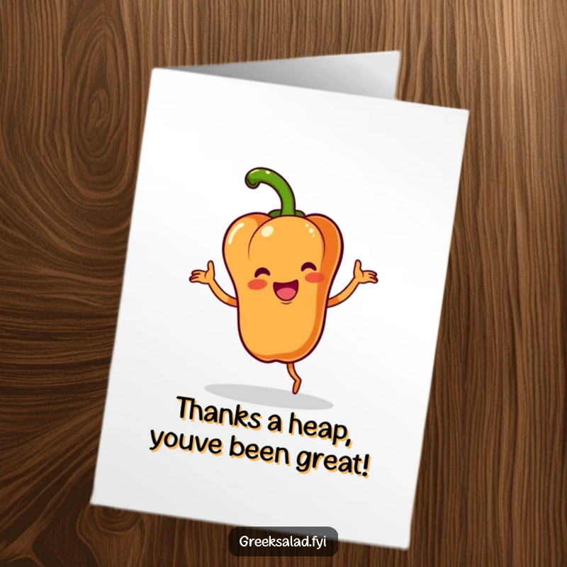 Funny free printable thank you card featuring a happy bell pepper character energetically doing a little dance with flair.