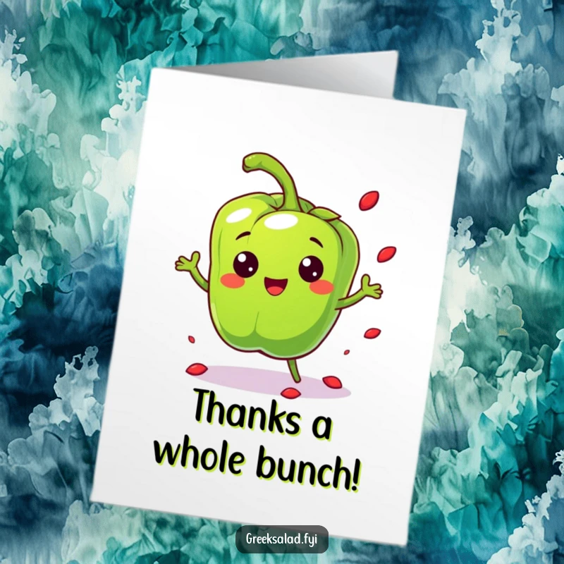 Funny Free Printable Thank You Card: Cheerful bell pepper character bouncing with scattering seeds, playful thanks art.