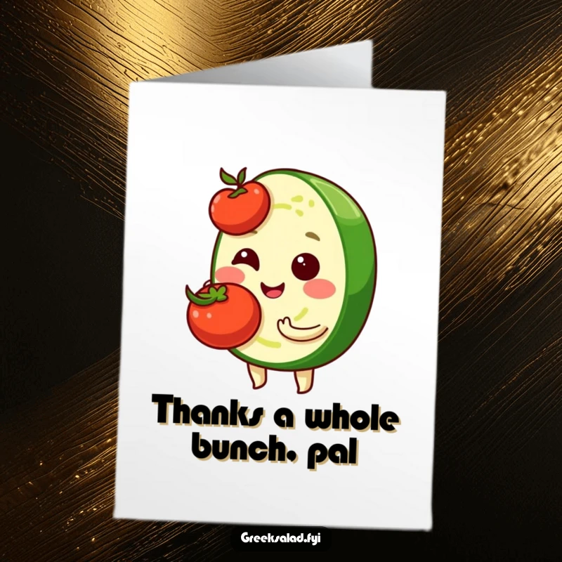Funny Free Printable Thank You Card: Shy cucumber slice with a cherry tomato, a charming and humorous digital download.