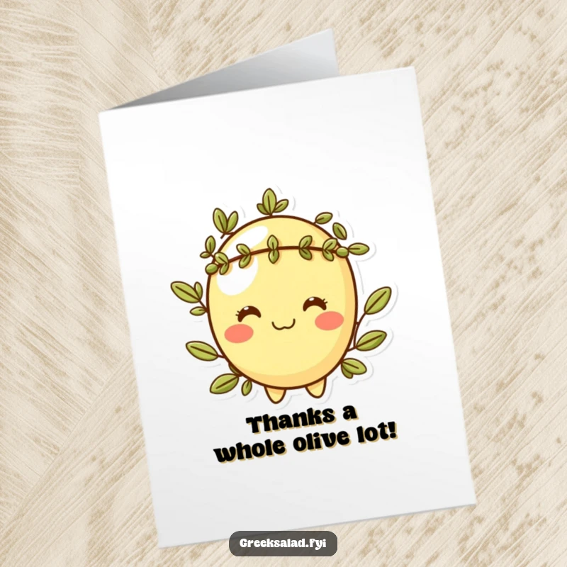 Funny Free Printable Thank You Card: Cheeky olive with a laurel wreath, expressing thanks with a winning smile.