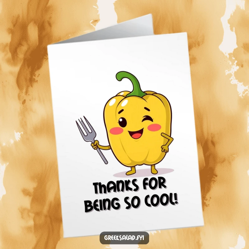 Funny Free Printable Thank You Card: Jolly bell pepper with a confident pose holding a mini fork for thanks.