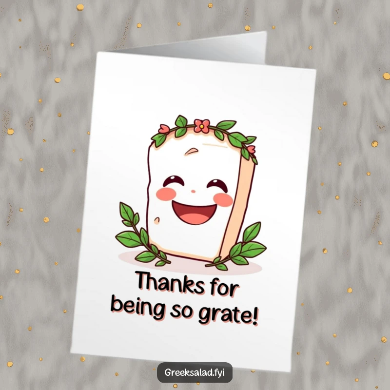 Funny Free Printable Thank You Card: A laughing feta block wearing a laurel wreath spins while expressing thanks humorously.