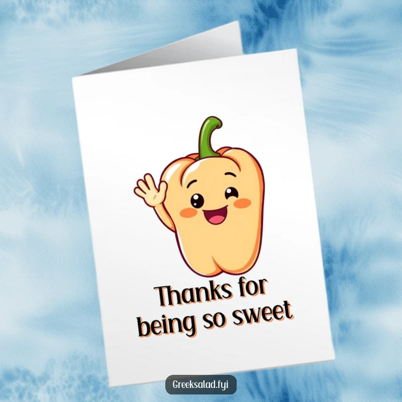Funny Free Printable Thank You Card: A grinning bell pepper segment giving a welcoming and cheerful wave.