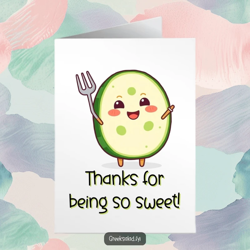 Funny Free Printable Thank You Card: A joyful cucumber slice with a big grin waves a tiny fork in thanks.