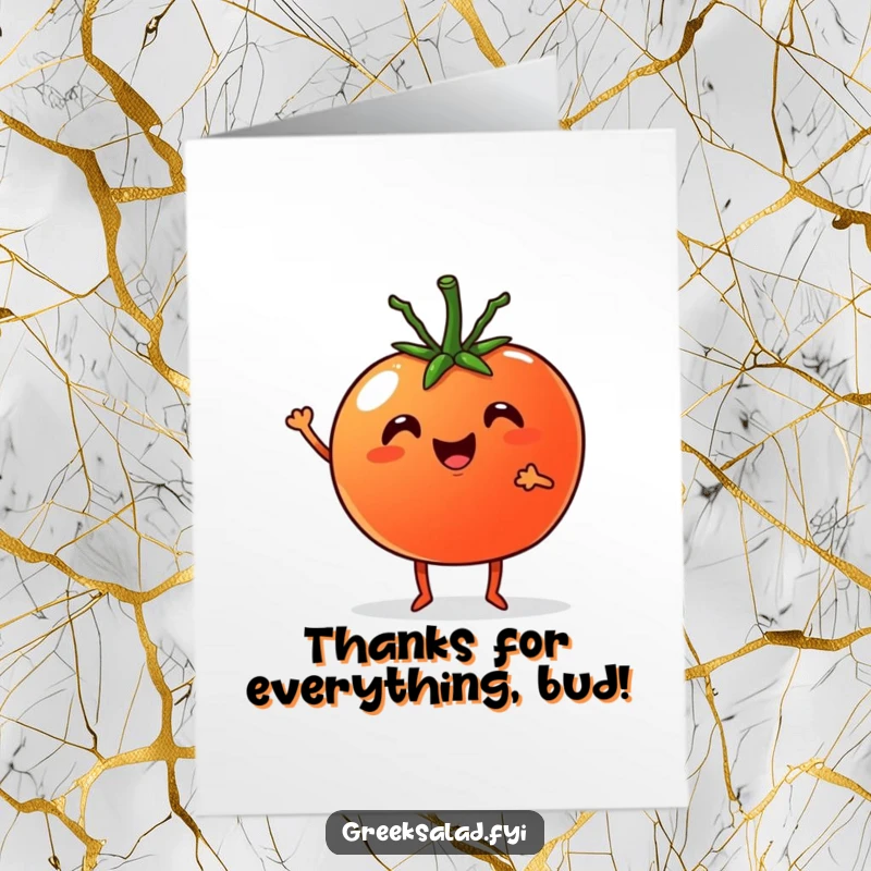 Funny Free Printable Thank You Card: A cheerful tomato with tiny legs and a cucumber joyfully cheer, expressing thanks with a fun twist.
