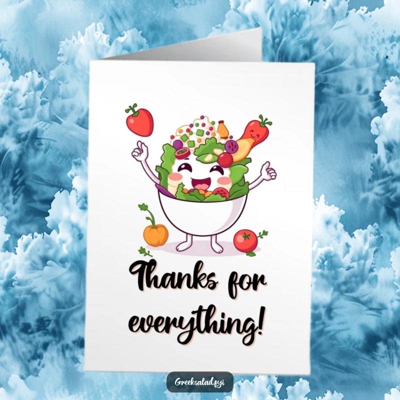 Funny Free Printable Thank You Card: A smiling Greek salad bowl character balancing ingredients perfectly.