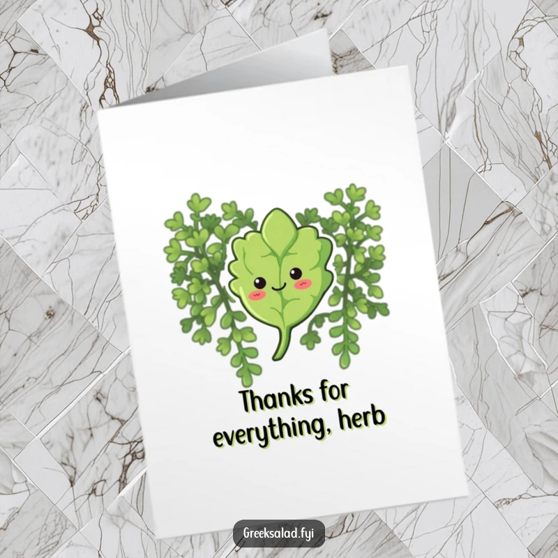 Funny Free Printable Thank You Card: A smiling oregano leaf floats gently down, embodying quiet appreciation.