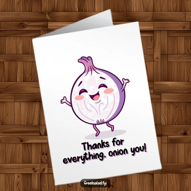Funny Free Printable Thank You Card showing a giggling purple onion slice delightedly dancing with joy.