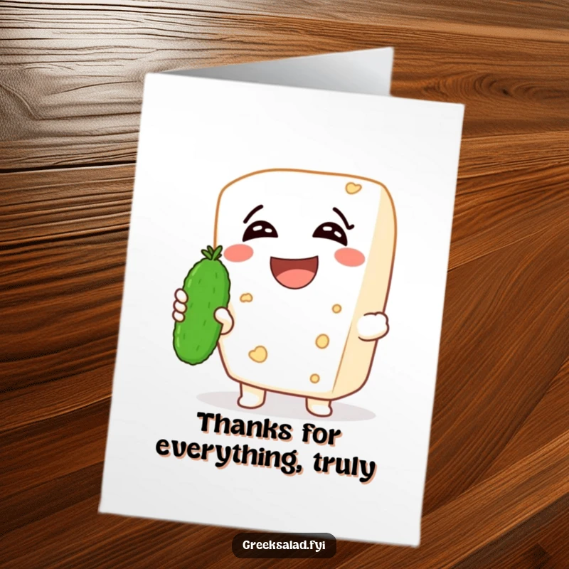 Funny Free Printable Thank You Card featuring a laughing feta cheese character holding a cucumber, expressing thanks humorously.